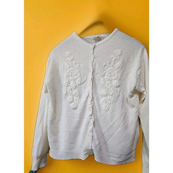 REP OF KOREA 50's 100% Virgin Acrylic Flower Embroidered Cardigan Small A99 - Picture 1 of 6